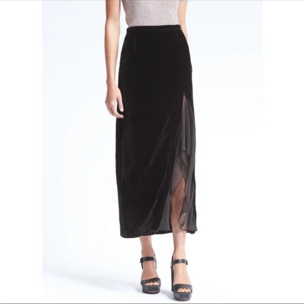 Banana Republic Black Velvet Maxi Skirt with Sheer Side Slit